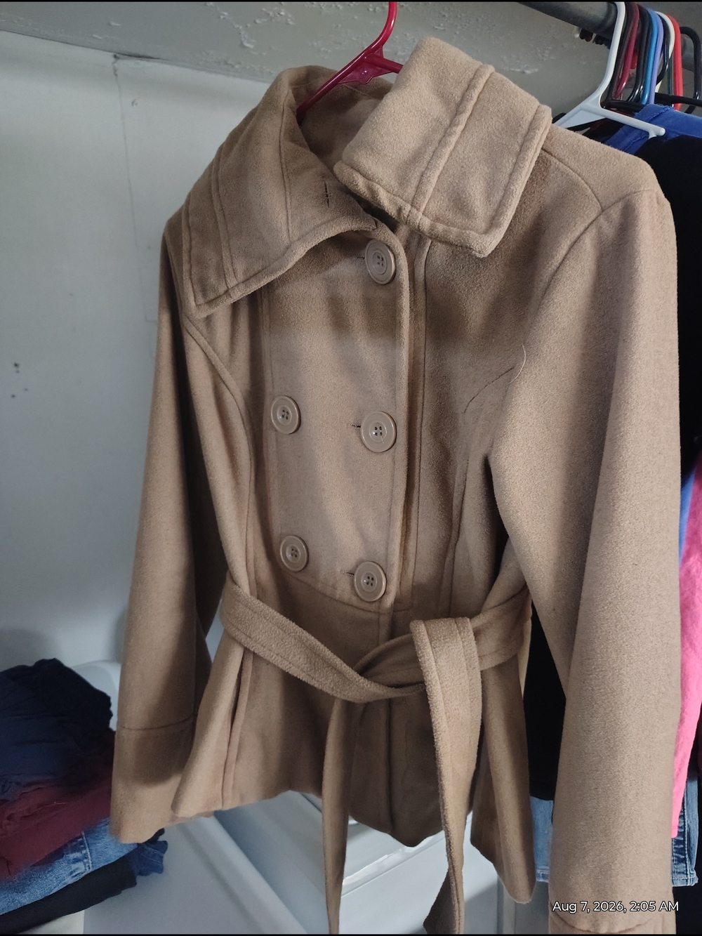 Women's Camel Double-Breasted Belted Pea Coat